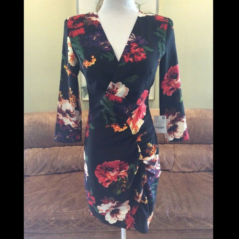 Zara Floral Padded Shoulder Mini Dress (S)